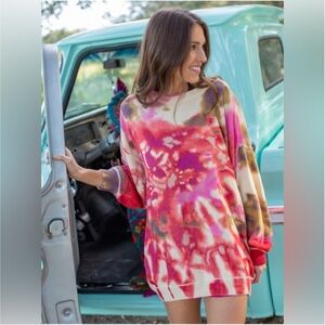 NATURAL LIFE Pink and Red Tie-Dye Sweater